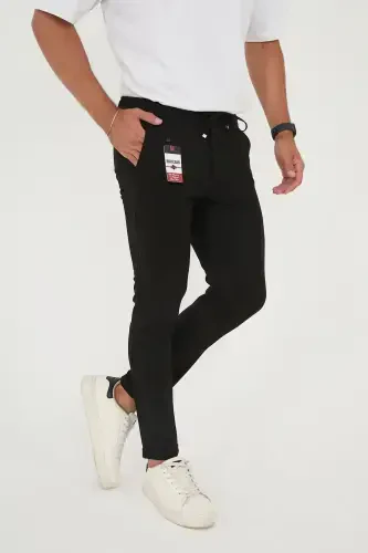 Erkek Jogger Slimfit Bel Yarım Lastikli Duble Paça Siyah Kumaş Pantolon-Siyah - 1