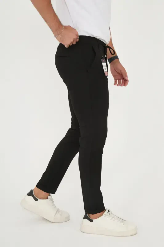 Erkek Jogger Slimfit Bel Yarım Lastikli Duble Paça Siyah Kumaş Pantolon-Siyah - 4