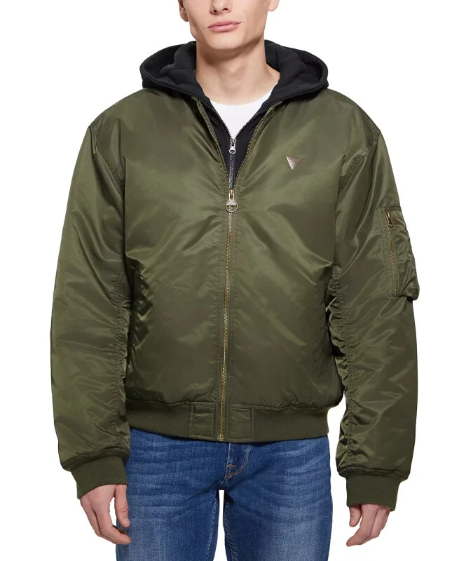 Men's John Bomber Jacket with Removable Hooded Inset-Olive Morning Multi - GUESS