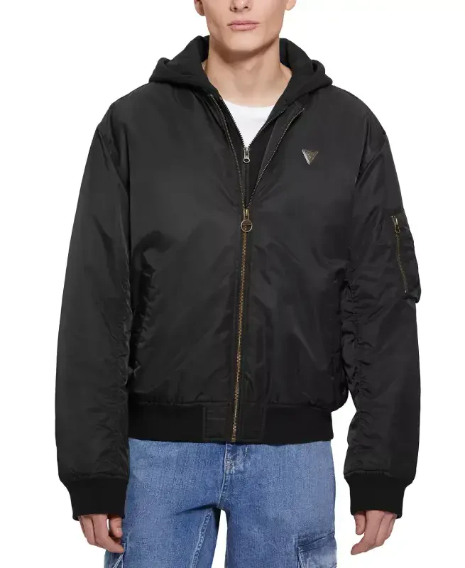 Men's John Bomber Jacket with Removable Hooded Inset-Jet Black - GUESS