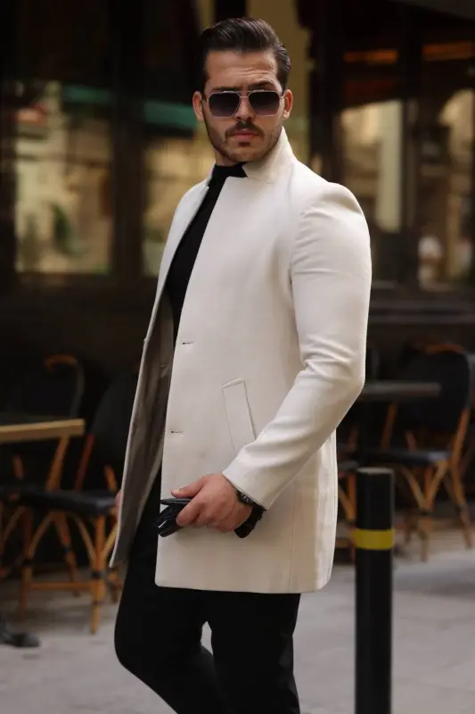 Erkek Kaban Kaşe Slım Fit Dar Kesim Yeni Sezon - Açık Bej - 4