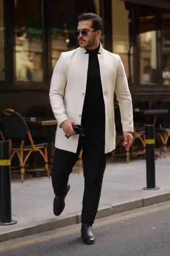 Erkek Kaban Kaşe Slım Fit Dar Kesim Yeni Sezon-Açık Bej - 2