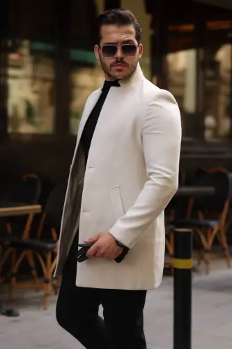 Erkek Kaban Kaşe Slım Fit Dar Kesim Yeni Sezon-Açık Bej - 4