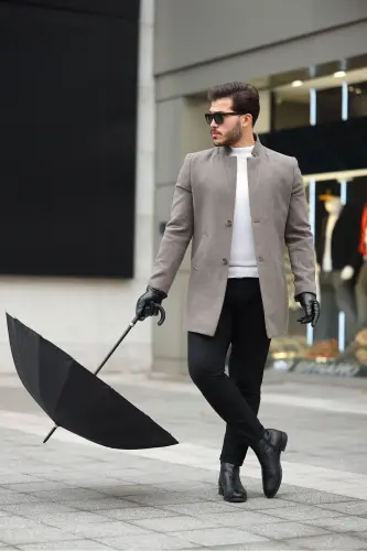 Erkek Kaban Kaşe Slım Fit Dar Kesim Yeni Sezon-Haki - HELLO7 (1)