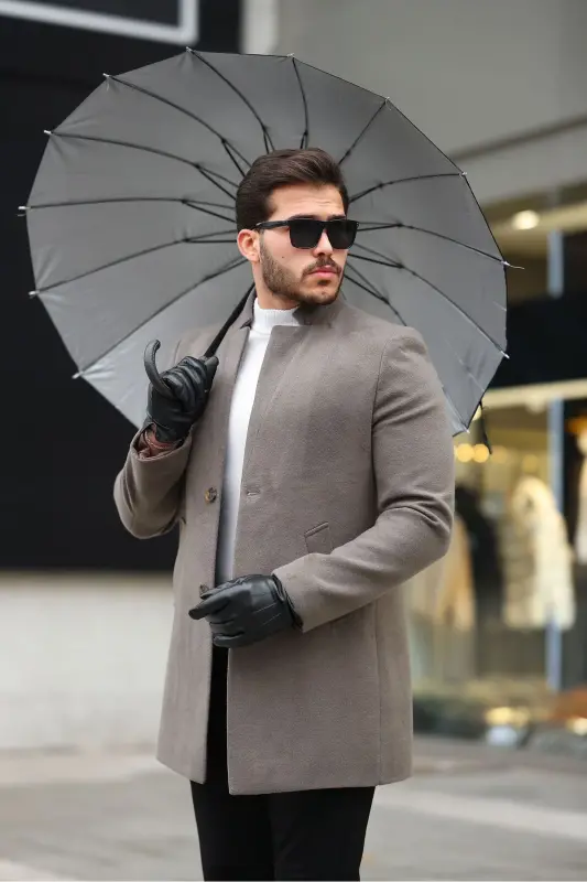 Erkek Kaban Kaşe Slım Fit Dar Kesim Yeni Sezon - Haki - HELLO7