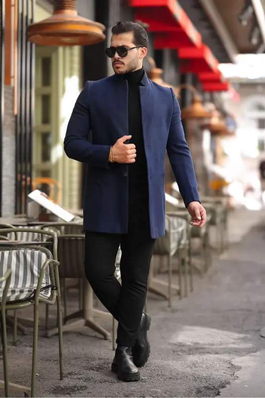 Erkek Kaban Kaşe Slım Fit Dar Kesim Yeni Sezon-Lacivert - HELLO7