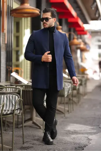 Erkek Kaban Kaşe Slım Fit Dar Kesim Yeni Sezon-Lacivert 