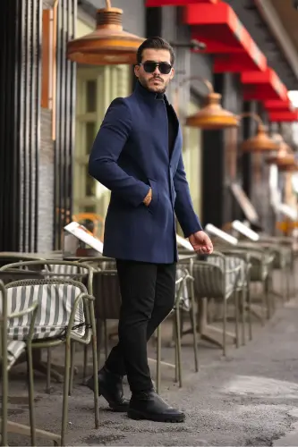 Erkek Kaban Kaşe Slım Fit Dar Kesim Yeni Sezon-Lacivert - 4