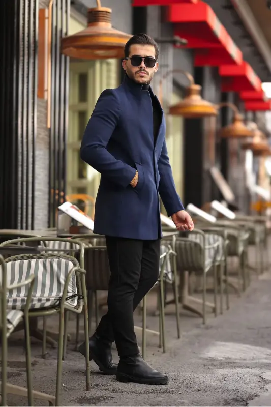 Erkek Kaban Kaşe Slım Fit Dar Kesim Yeni Sezon-Lacivert - 4