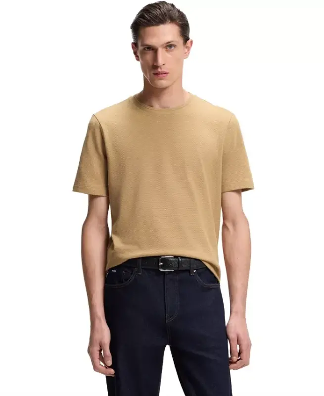 Men's Cotton-Blend Bubble-Jacquard T-Shirt - Medium Beige - 3