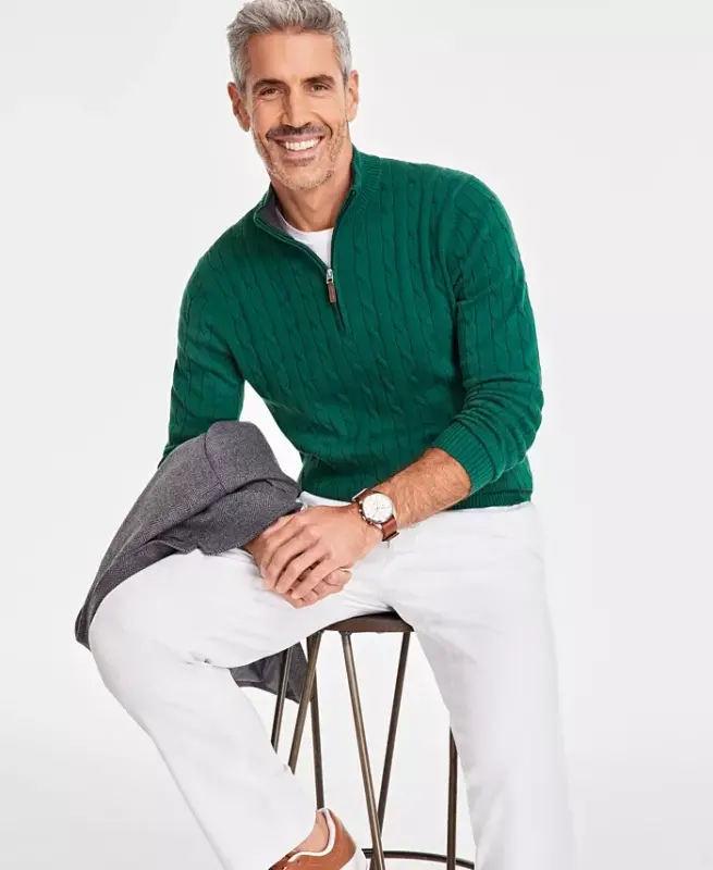 Men's Cable Knit Quarter-Zip Sweater, Modazone Exclusive - Bonsai - 5