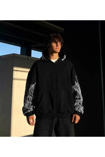 Erkek Kadın Bape Örümcek Baskılı Oversize Hırka - Siyah - 1