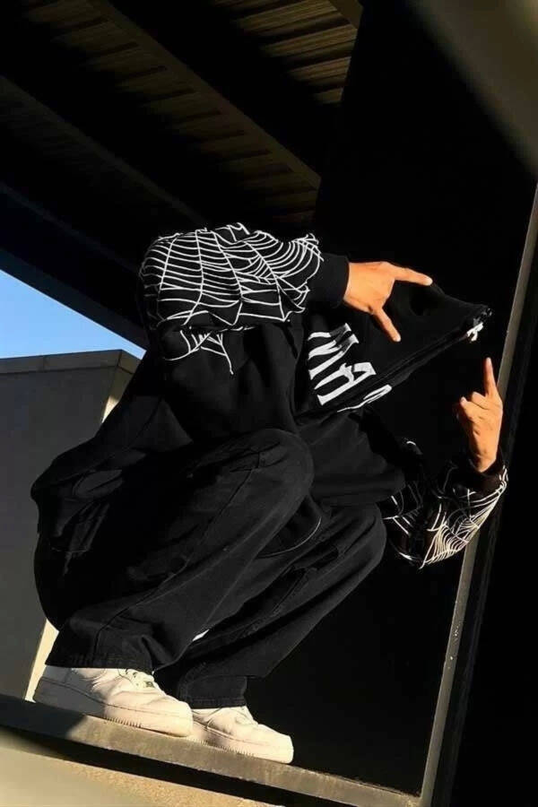 Erkek Kadın Bape Örümcek Baskılı Oversize Hırka - Siyah - 2