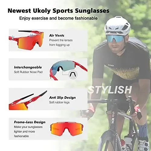 Ukoly Cycling Sunglasses for Men Women with 3 Interchangeable Lenses, Polarized Sports Sunglasses, Baseball Sunglasses - 4