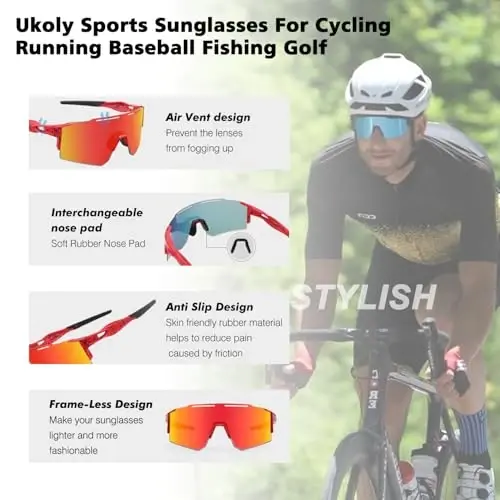 Ukoly Sport Sunglasses for Men and Women,HD PC Lens UV400 Protection | Sun Glasses for Running Cycling Baseball Fishing Golf Hiking,with 1 Lens or 3 Interchangeable Lens - 4
