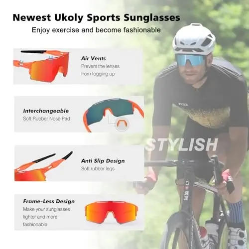 Ukoly Cycling Sunglasses for Men Women with 3 Interchangeable Lenses, Polarized Sports Sunglasses, Baseball Sunglasses - 3