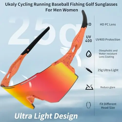 Ukoly Sport Sunglasses for Men and Women,HD PC Lens UV400 Protection | Sun Glasses for Running Cycling Baseball Fishing Golf Hiking,with 1 Lens or 3 Interchangeable Lens 