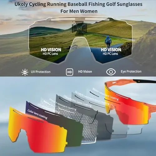 Ukoly Sport Sunglasses for Men and Women,HD PC Lens UV400 Protection | Sun Glasses for Running Cycling Baseball Fishing Golf Hiking,with 1 Lens or 3 Interchangeable Lens - 3