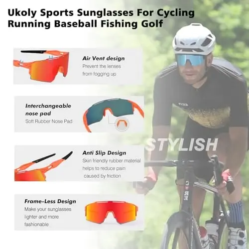 Ukoly Sport Sunglasses for Men and Women,HD PC Lens UV400 Protection | Sun Glasses for Running Cycling Baseball Fishing Golf Hiking,with 1 Lens or 3 Interchangeable Lens - 4