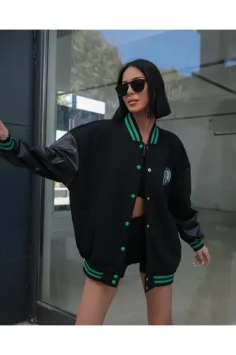 Erkek Kadın Oversize Kolej Ceket Kollar Deri - siyahkara 