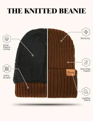 Beanie Hats for Men Women Fleece Winter Hat Chunky Knit Skull Stocking Caps for Guys Thermal Snow Hat Heated Cuffed Gift - 4