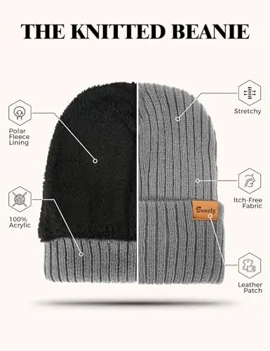 Beanie Hats for Men Women Fleece Winter Hat Chunky Knit Skull Stocking Caps for Guys Thermal Snow Hat Heated Cuffed Gift - 5
