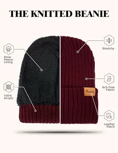 Beanie Hats for Men Women Fleece Winter Hat Chunky Knit Skull Stocking Caps for Guys Thermal Snow Hat Heated Cuffed Gift - 5