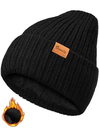 Beanie Hats for Men Women Fleece Winter Hat Chunky Knit Skull Stocking Caps for Guys Thermal Snow Hat Heated Cuffed Gift - Beanie