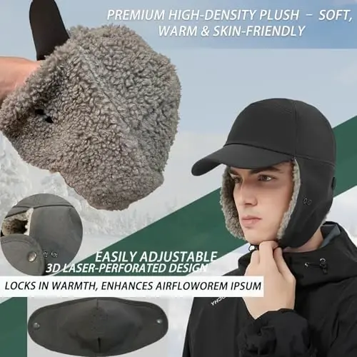 Trapper Hat for Men Women Waterproof Winter Warm Baseball Cap with Ear Flaps and Mask - 4
