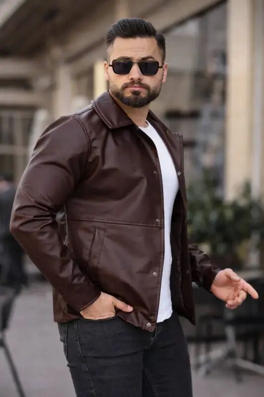 Erkek Kahve Deri Ceket - Kahverengi deri - BASEL.CO