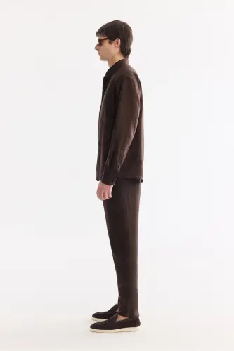 Erkek Kahve Düğmeli Yaka %100 Keten Comfort Fit Gömlek B002191 - Kahve - 3