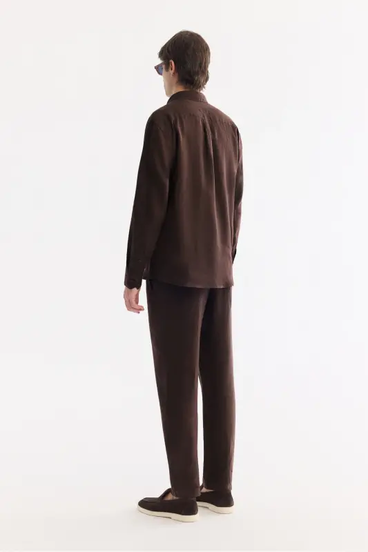 Erkek Kahve Düğmeli Yaka %100 Keten Comfort Fit Gömlek B002191 - Kahve - 4