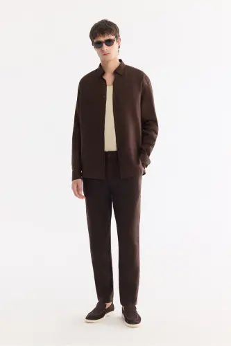 Erkek Kahve Düğmeli Yaka %100 Keten Comfort Fit Gömlek B002191 - Kahve - 7