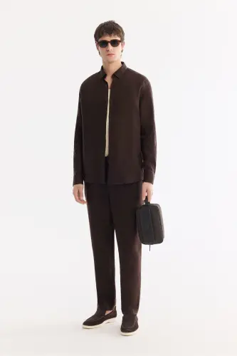 Erkek Kahve Düğmeli Yaka %100 Keten Comfort Fit Gömlek B002191 - Kahve - 8