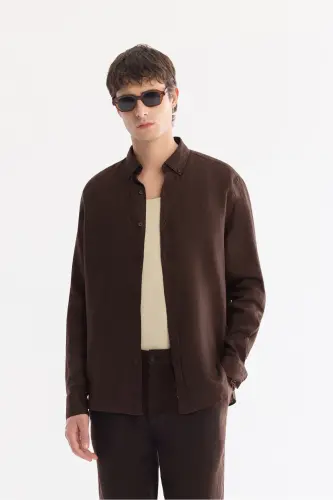 Erkek Kahve Düğmeli Yaka %100 Keten Comfort Fit Gömlek B002191-Kahve - 1