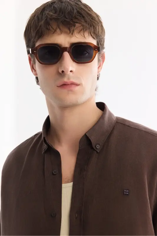 Erkek Kahve Düğmeli Yaka %100 Keten Comfort Fit Gömlek B002191-Kahve - 2