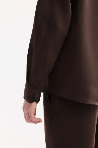 Erkek Kahve Düğmeli Yaka %100 Keten Comfort Fit Gömlek B002191-Kahve - 5