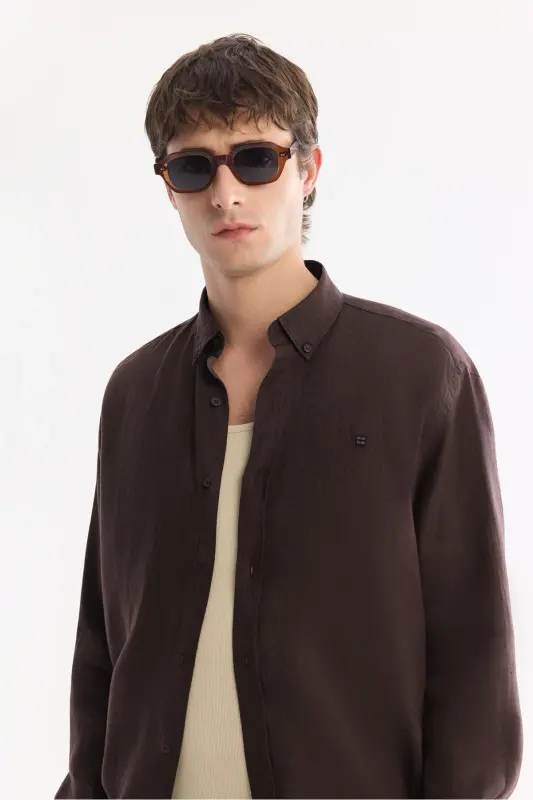 Erkek Kahve Düğmeli Yaka %100 Keten Comfort Fit Gömlek B002191-Kahve - 6