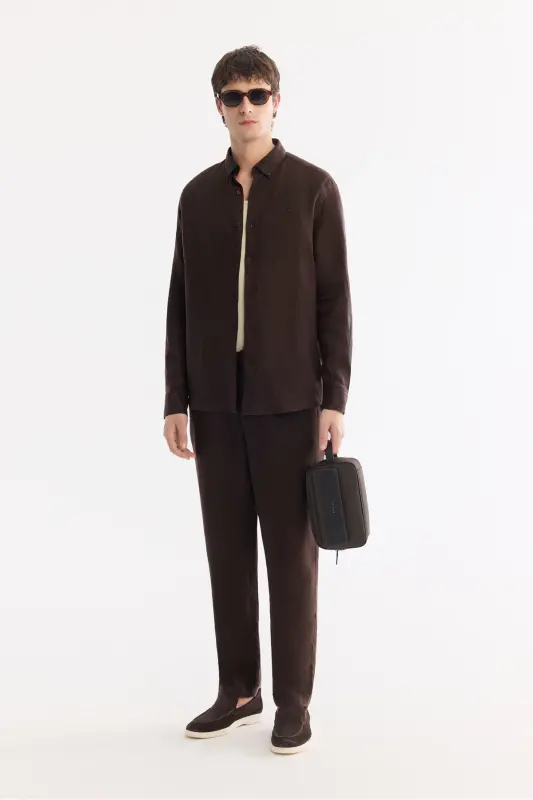 Erkek Kahve Düğmeli Yaka %100 Keten Comfort Fit Gömlek B002191-Kahve - 8
