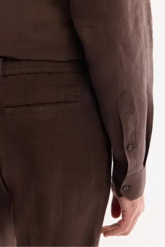 Erkek Kahve Beli Lastikli %100 Keten Relaxed Fit Pantolon B003032 - Kahve - 6