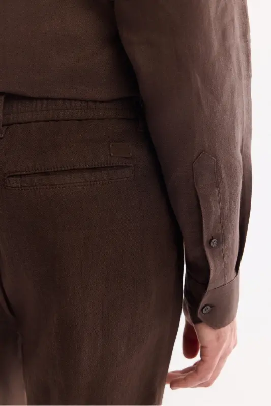 Erkek Kahve Beli Lastikli %100 Keten Relaxed Fit Pantolon B003032 - Kahve - 6