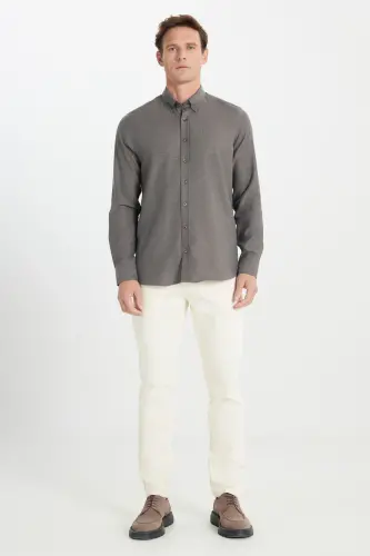Erkek Kahverengi Pamuklu Flanel Slim Fit Dar Kesim Düğmeli Yaka Gömlek - KHV - ALTINYILDIZ CLASSICS (1)