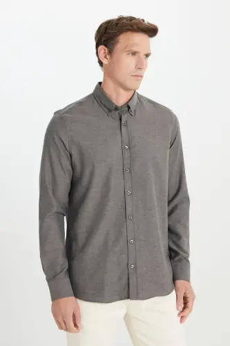 Erkek Kahverengi Pamuklu Flanel Slim Fit Dar Kesim Düğmeli Yaka Gömlek - KHV - 1
