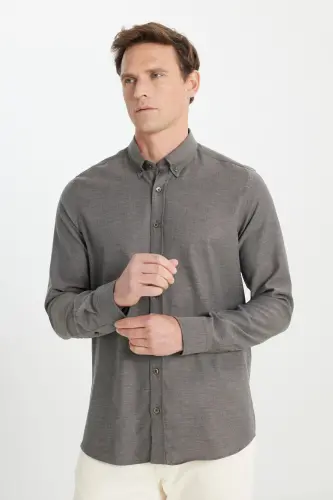 Erkek Kahverengi Pamuklu Flanel Slim Fit Dar Kesim Düğmeli Yaka Gömlek - KHV - 3
