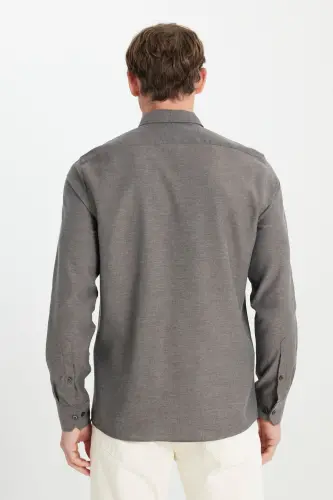 Erkek Kahverengi Pamuklu Flanel Slim Fit Dar Kesim Düğmeli Yaka Gömlek - KHV - 5