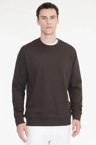 Erkek Kahverengi Pamuklu Standart Fit Normal Kesim 2 İplik Bisiklet Yaka Sweatshirt - Kahverengi - 3