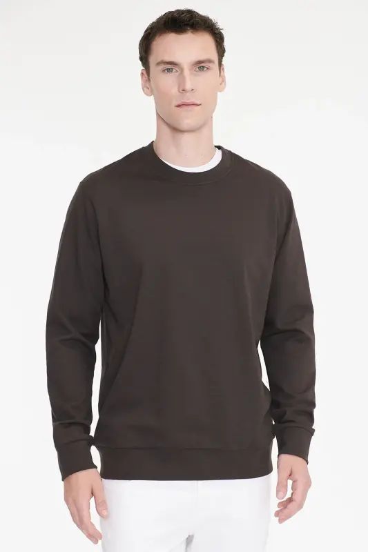 Erkek Kahverengi Pamuklu Standart Fit Normal Kesim 2 İplik Bisiklet Yaka Sweatshirt - Kahverengi - 3
