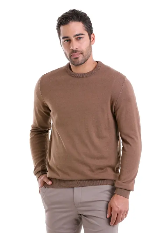 Erkek Kahverengi Regular Fit %100 Pamuk Bisiklet Yaka Triko Kazak - Kahverengi - 1