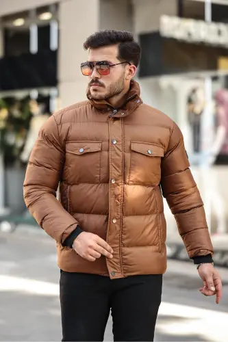 Erkek Kahverengi Regular Fit Dik Yaka Su Ve Rüzgar Geçirmez Şişme Mont - KAHVERENGİ 