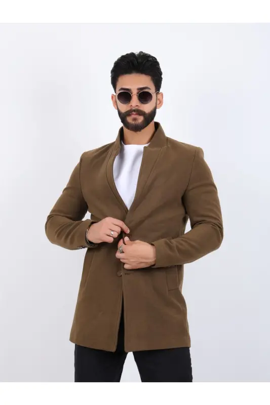Erkek Kahverengi Slim Fit Dik Yaka Kaşe Kaban - KAHVERENGİ - 2